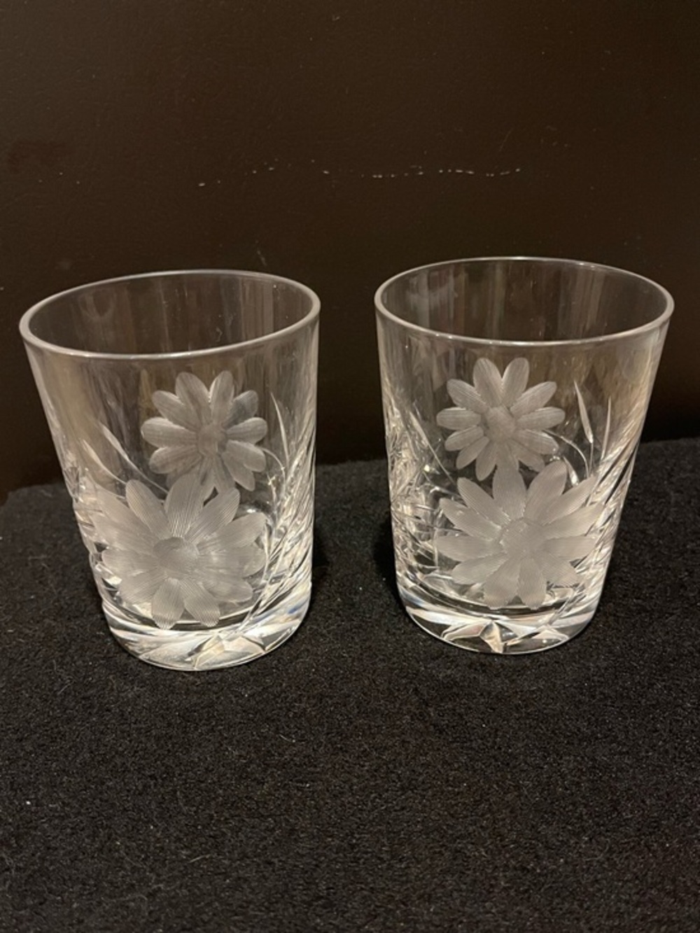 Antique American Brilliant Glass Etched Floral Double Old Fashioned Glasses
